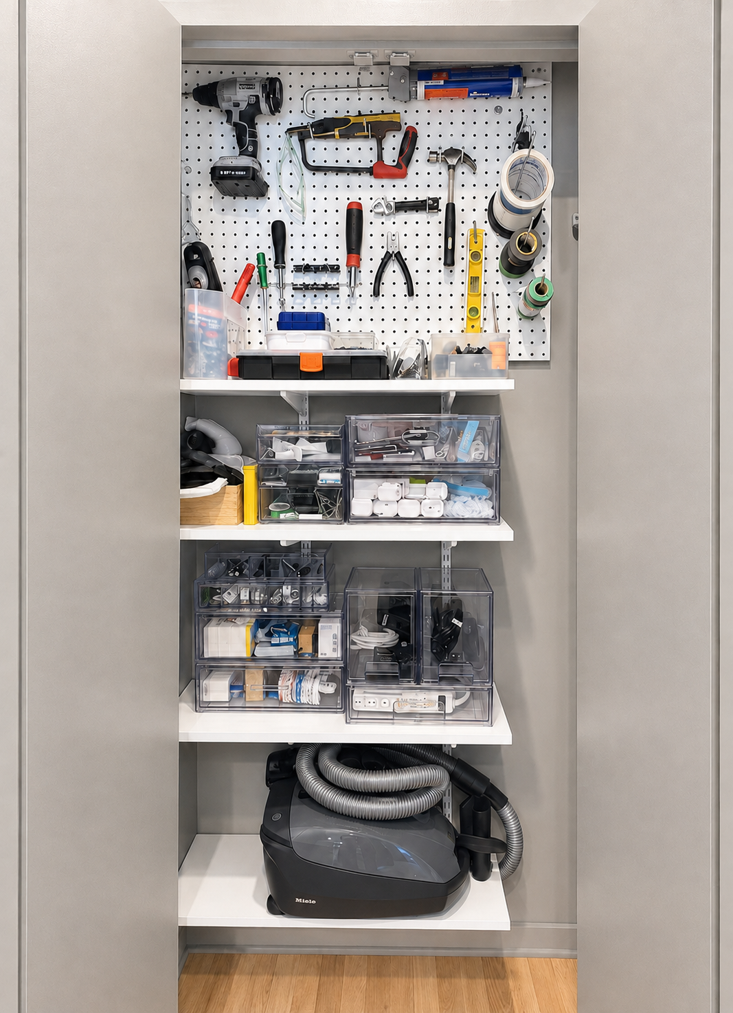 Utility closet with pegboard tool wall, clear labeled bins and neatly stored cleaning equipment