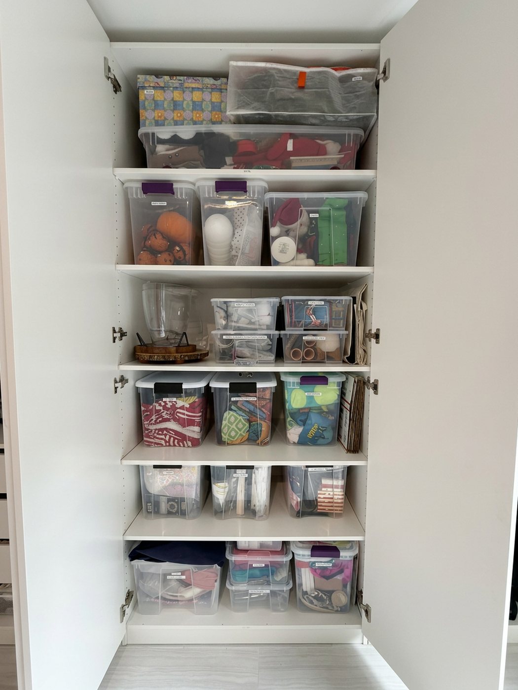 Tall white closet with labeled clear bins organized by category across six shelves